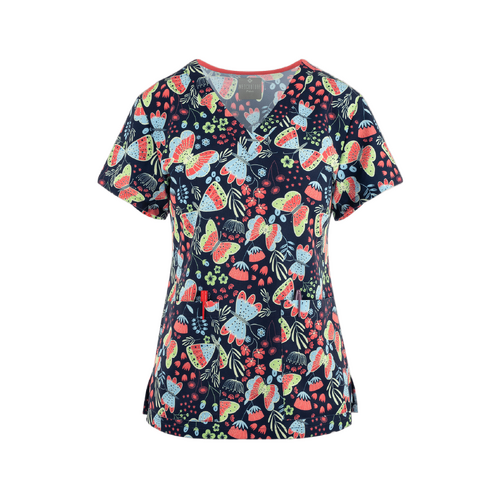 WORKWEAR, SAFETY & CORPORATE CLOTHING SPECIALISTS - Med Couture Butterfly Friends and Flowers Print Scrub Top