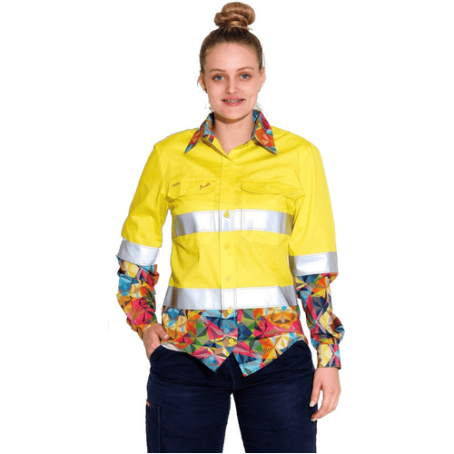 WORKWEAR, SAFETY & CORPORATE CLOTHING SPECIALISTS - WOMENS FRACTAL YELLOW HI VIS DAY/ NIGHT FULL PLACKET WORKSHIRT