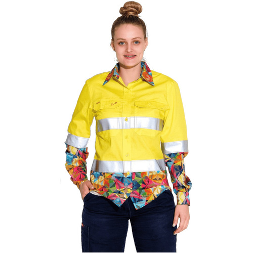 WORKWEAR, SAFETY & CORPORATE CLOTHING SPECIALISTS WOMENS FRACTAL YELLOW HI VIS DAY/ NIGHT FULL PLACKET WORKSHIRT